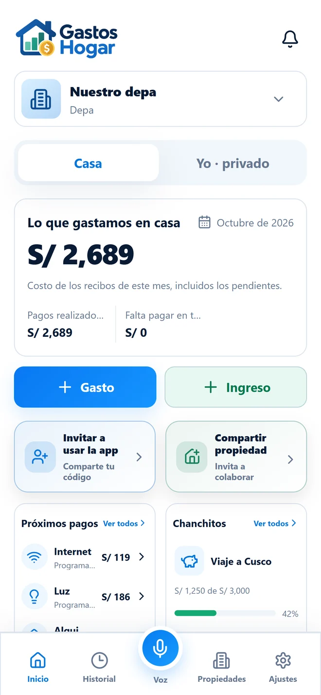 Pantalla de inicio de Gastos Hogar: lo que se gastó en la casa este mes, botones para anotar un gasto o un ingreso, próximos pagos y un chanchito de ahorro